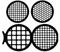 Griglie TEM diametro standard di 3,05 mm e spessore di 25um disponibili da 50 a 230 mesh. 
Square Mesh, Hexagonal mesh, Double Folding grids, Slotted mesh e Rectangular.  Disponibili in rame (Cu)